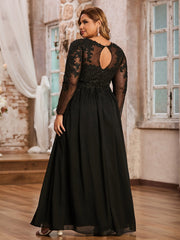Tulle with Appliqued Long Sleeves Dress-Black Plus Size