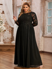 Tulle with Appliqued Long Sleeves Dress-Black Plus Size