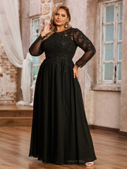 Tulle with Appliqued Long Sleeves Dress-Black Plus Size