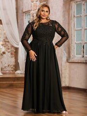 Tulle with Appliqued Long Sleeves Dress-Black Plus Size