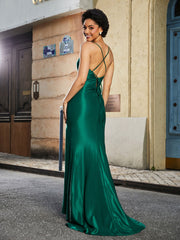 Pleated Bodice Fitted Mermaid Gown Dark Green