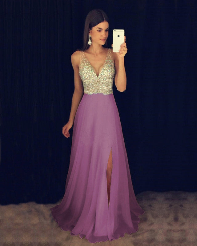 Deep V Neck Crystal Beaded Long Chiffon Prom Evening Dresses