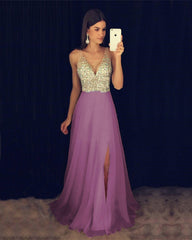 Deep V Neck Crystal Beaded Long Chiffon Prom Evening Dresses