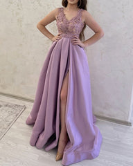 A-line Satin V Neck Appliques Split Dresses