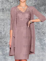 Two Piece Ruffle Chiffon Mother of the Bride Outfit Lace Short Wedding Guest Dress