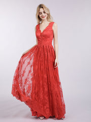 Long Full Length Gown with V Neckline-Red