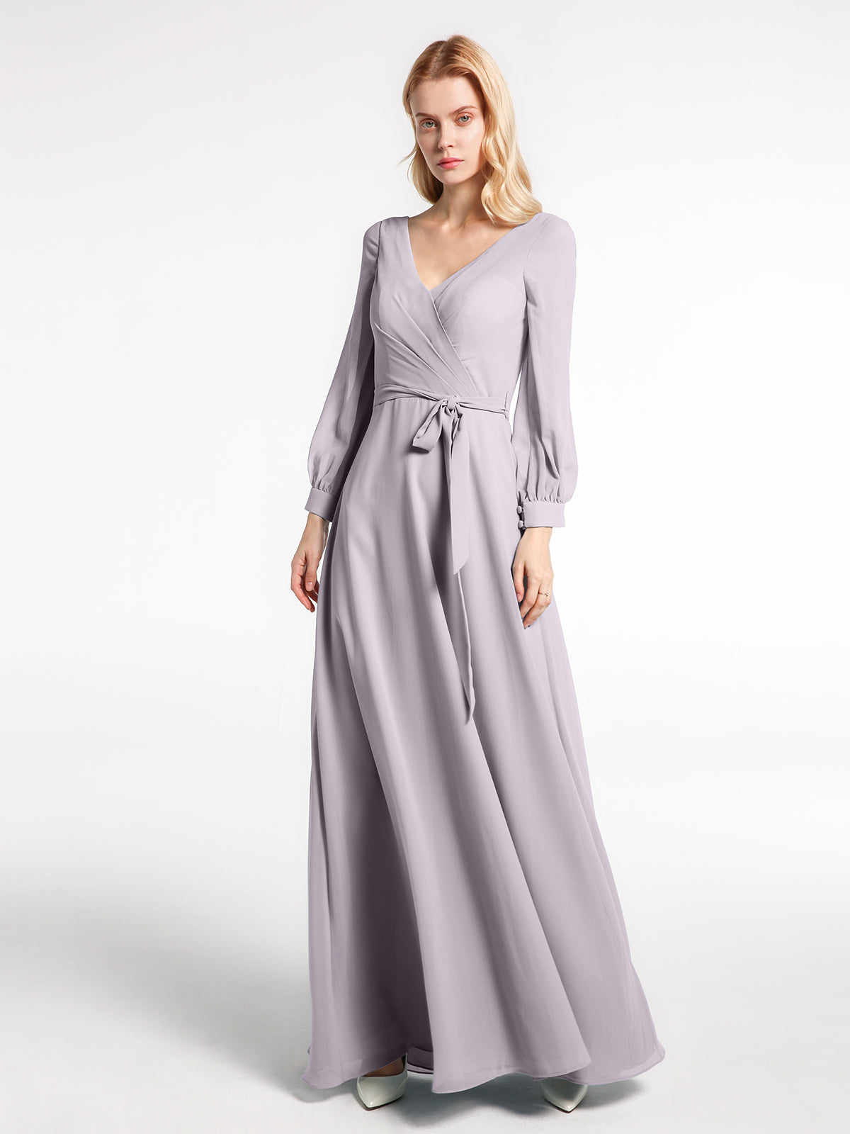 V-neck Bishop Sleeves Chiffon Dress with Bow-Dusk