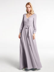 V-neck Bishop Sleeves Chiffon Dress with Bow-Dusk