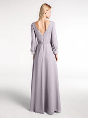 V-neck Bishop Sleeves Chiffon Dress with Bow-Dusk