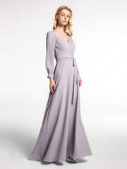 V-neck Bishop Sleeves Chiffon Dress with Bow-Dusk