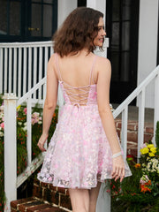 Floral Spaghetti Straps Lace A-line Mini HOCO Dress Blushing Pink