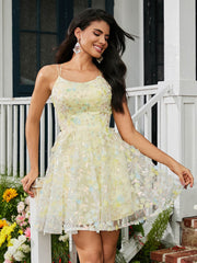 Floral Spaghetti Straps Lace A-line Mini HOCO Dress Daffodil