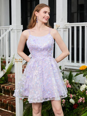 Floral Spaghetti Straps Lace A-line Mini HOCO Dress Lilac