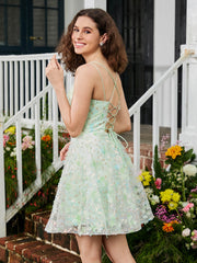 Floral Spaghetti Straps Lace A-line Mini HOCO Dress Sage