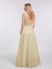 Long Tulle See Through Bodice Dress-Champagne