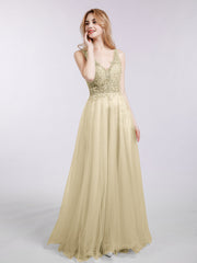 Long Tulle See Through Bodice Dress-Champagne