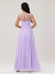 Long Chiffon Gowns with Illusion Neckline-Lilac