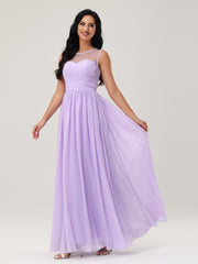 Long Chiffon Gowns with Illusion Neckline-Lilac