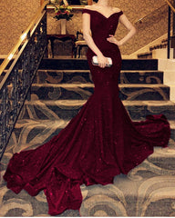 Mermaid V-neck Off Shoulder Ruffles Sequin Prom Dresses