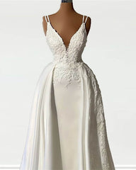 Mermaid Straps V Neck Appliques Satin Wedding Dress