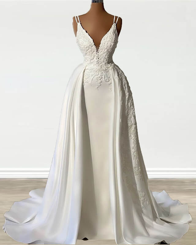 Mermaid Straps V Neck Appliques Satin Wedding Dress