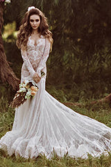 Mermaid Backless Long sleeves Lace Bohemian Wedding Dress TN404