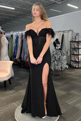 Mermaid Feathered Off the Shoulder Corset Black Prom Dress TP1353
