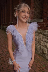 Mermaid Grey Deep V-Neck Beaded Prom Dress with Feathers
