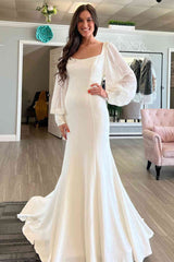 Mermaid Ivory Puffy Long Sleeves Wedding Dress Satin