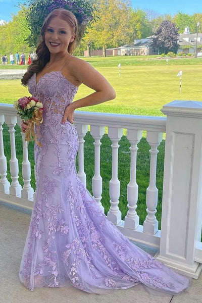 Mermaid Lace Formal Dress Lilac Spaghetti Straps Long