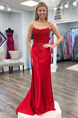 Mermaid Lace Satin Strapless Black Long Prom Dress with Slit TP1335