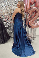 Mermaid Lace Satin Strapless Black Long Prom Dress with Slit TP1335