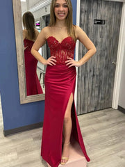 Mermaid Long Beaded Burgundy Lace Prom Dresses Strapless