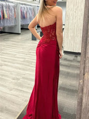 Mermaid Long Beaded Burgundy Lace Prom Dresses Strapless