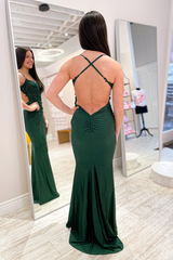 Mermaid Long Prom Dresses Hunter Green Straps Formal Dress Beaded
