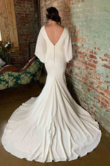 Mermaid Long V-Neck Puff Sleeves Beach Ivory Wedding Dress With Train