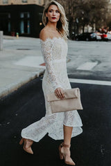 Mermaid Off-the-Shoulder Long Sleeves High Low Lace Beach Wedding Dress TN225