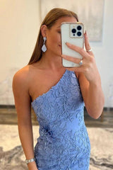 Mermaid One Shoulder Blue Long Lace Prom Evening Dress With Split TP1206