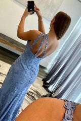 Mermaid One Shoulder Blue Long Lace Prom Evening Dress With Split TP1206