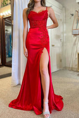 Mermaid Red Lace Long Prom Dress with High Slit, Mermaid Red Formal Dress, Red Lace Floral Evening Dress A2083