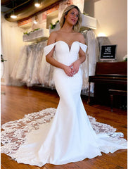 Mermaid Satin Lace Formal Wedding Dresses Off the Shoulder Sleeveless