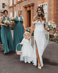 Mermaid Satin Wedding Dresses Off the Shoulder with Slit Floor Length Sexy