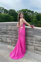 Mermaid Straps Appliques Fuchsia Long Prom Dress with Slit TP1351