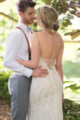 Mermaid Spaghetti Straps Backless Ivory Lace Wedding Dress TN163