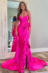 Mermaid Spaghetti Straps Corset Pink Long Prom Dress with Slit TP1345