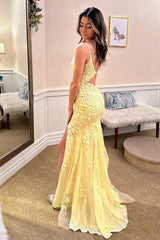 Mermaid Spaghetti Straps Yellow Long Prom Dress with Appliques TP1304