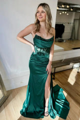 Mermaid Strapless Green Lace Long Prom Dress with High Slit, Mermaid Green Formal Dress, Green Lace Evening Dress A2242