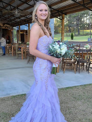 Mermaid Strapless Lilac Lace Long Prom Dresses, Mermaid Lilac Formal Dresses, Lilac Lace Evening Dresses