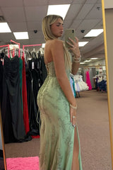 Mermaid Strapless Sage Lace Long Prom Dress with High Slit, Mermaid Sage Formal Dress, Sage Lace Evening Dress