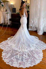 Mermaid Straps Chapel Train Boho Wedding Dress With Appliques TD0015